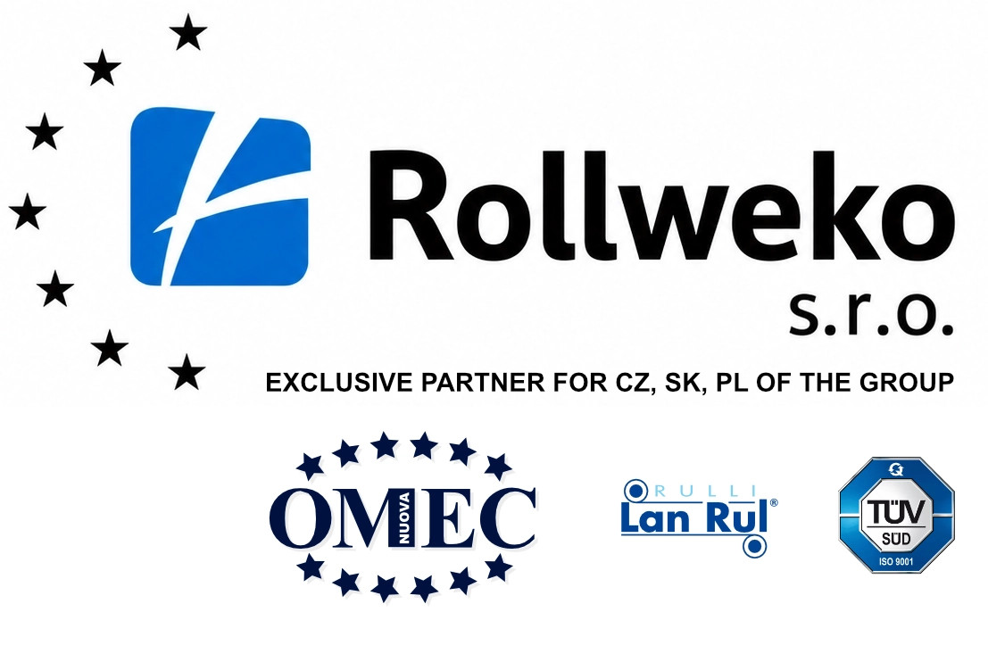 Rollweko s.r.o. logo with blue square, stars, and partner company icons on white background.